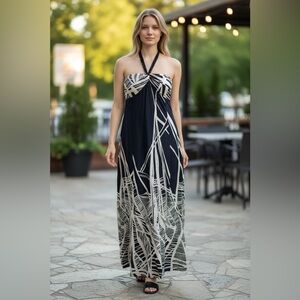 Navy White Tropical Print Halter Maxi Dress w Braided Tie Size 4 Vacation Summer